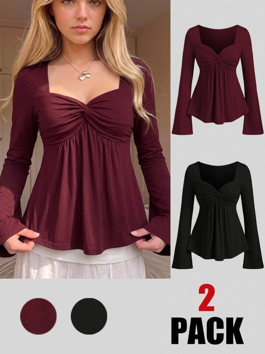 SHEIN Teen Girl Teen Girls Front Knot Elegant Snug Fit Versatile Comfortable Long Sleeve 2pcs T-Shirt Set - Multicolor - View 1