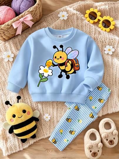 Baby Girl Casual Minimalist Loose Round Neck Sweatshirt & Elastic Waist Long Pants Set, Thermal Lined, Suitable For Autumn/Winter
