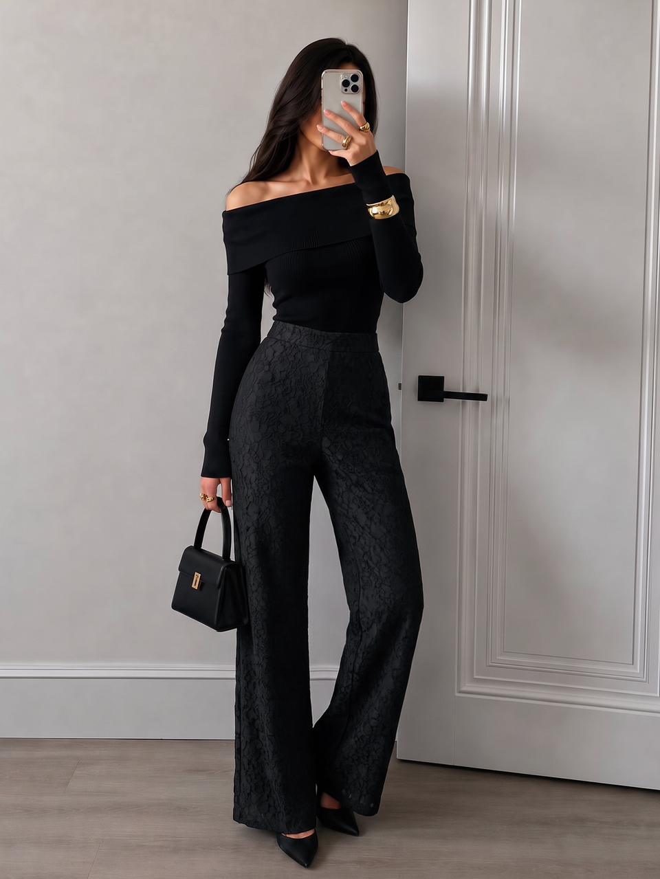 Women's French Elegant Casual Classy Lace Embroidered High Waist Versatile Commute Slimming Flared Wide Leg Pants Office Business Black Fall/Spring