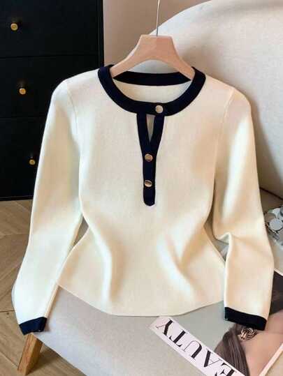 Franclia Women's Fall Winter Elegant Knitted Long-Sleeved T-Shirt,Blue And White Contrast Edge High-Elastic Tight Top For Work,Business Office Bottoming Shirt