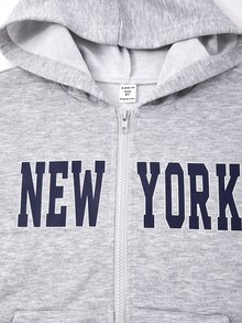 SHEIN Tween Boy Letter Print Long Sleeve Zip-Up Hooded Sweatshirt Kids New York Jacket Casual Baggy Modest Pocket Outer Coat School Active Grey Autumn - Light Grey - View 6