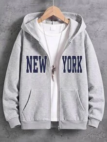 SHEIN Tween Boy Letter Print Long Sleeve Zip-Up Hooded Sweatshirt Kids New York Jacket Casual Baggy Modest Pocket Outer Coat School Active Grey Autumn - Light Grey - View 1
