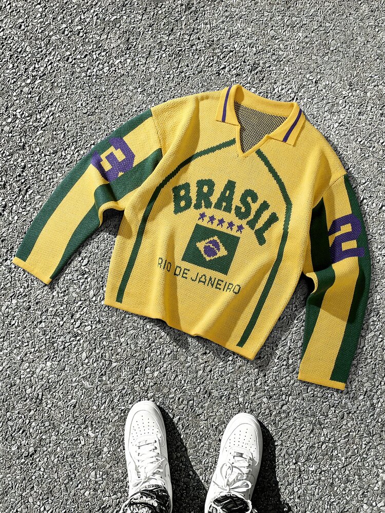 PAVTROS Men's Fashion Jacquard Long Sleeve Sweater Streetwear Casual - Yellow - View 3
