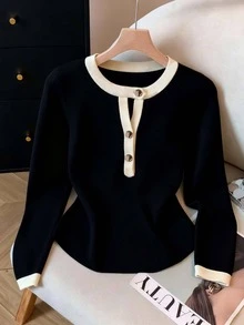 Franclia Casual Commuter Versatile Color Block Long Sleeve T-Shirt, Autumn - Black - View 1