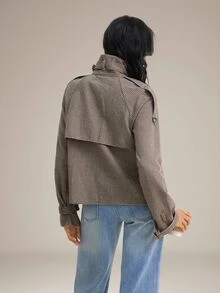 SHEIN Tall 女款時尚休閒寬鬆千鳥格圖案大衣，舒適秋冬款 - 卡其色 - 查看 13