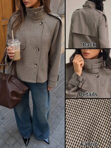 SHEIN Tall 女款時尚休閒寬鬆千鳥格圖案大衣，舒適秋冬款 - 卡其色 - 查看 3