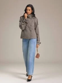 SHEIN Tall 女款時尚休閒寬鬆千鳥格圖案大衣，舒適秋冬款 - 卡其色 - 查看 10