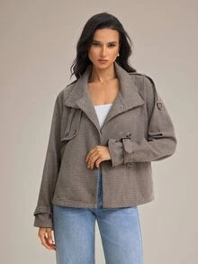 SHEIN Tall 女款時尚休閒寬鬆千鳥格圖案大衣，舒適秋冬款 - 卡其色 - 查看 7