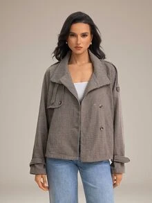 SHEIN Tall 女款時尚休閒寬鬆千鳥格圖案大衣，舒適秋冬款 - 卡其色 - 查看 6