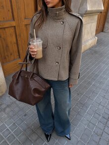 SHEIN Tall 女款時尚休閒寬鬆千鳥格圖案大衣，舒適秋冬款 - 卡其色 - 查看 4