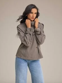 SHEIN Tall 女款時尚休閒寬鬆千鳥格圖案大衣，舒適秋冬款 - 卡其色 - 查看 9