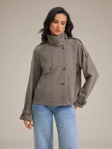 SHEIN Tall 女款時尚休閒寬鬆千鳥格圖案大衣，舒適秋冬款 - 卡其色 - 查看 5