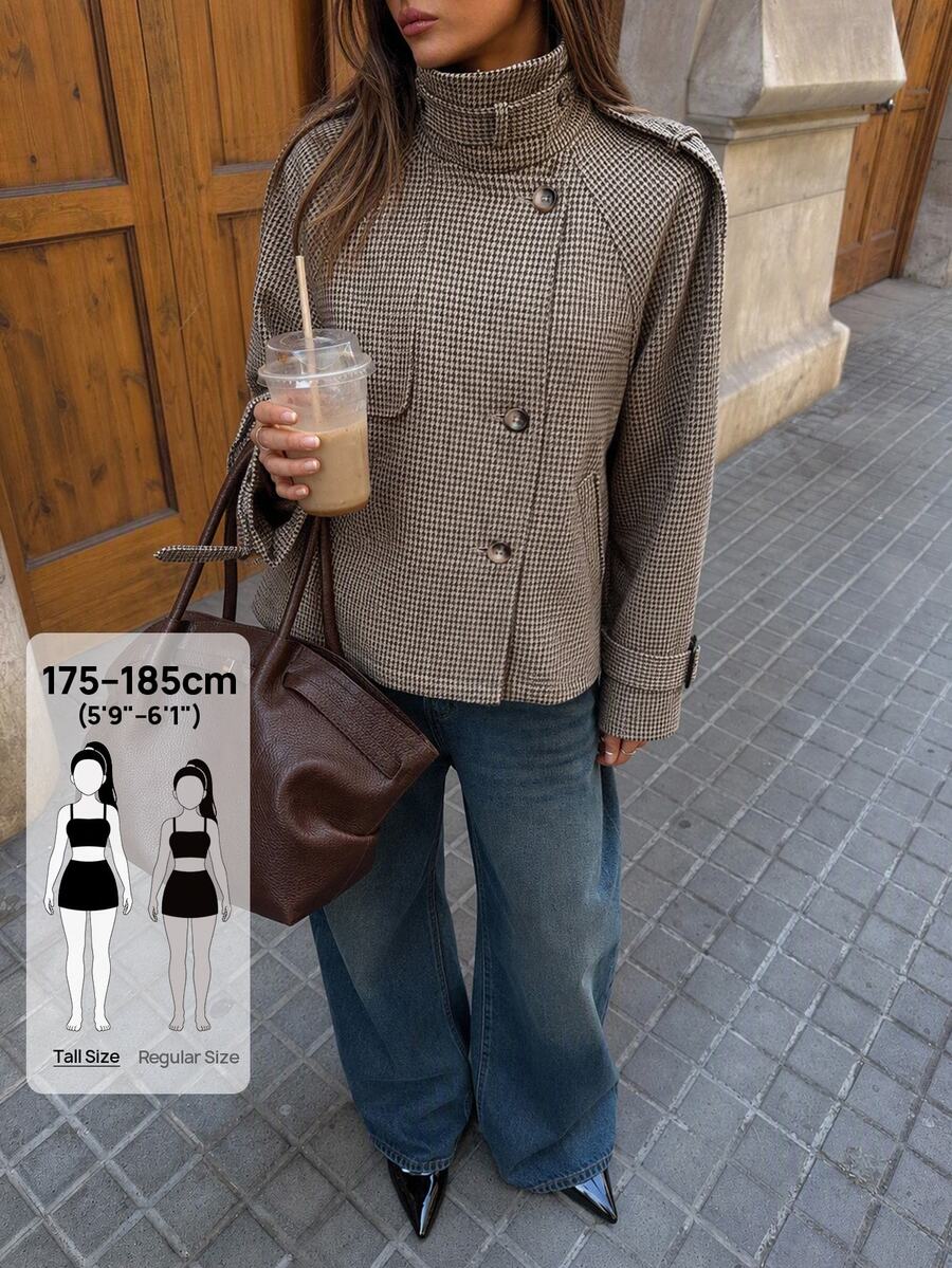 SHEIN Tall 女款時尚休閒寬鬆千鳥格圖案大衣,舒適秋冬款 - 卡其色 - 查看 1