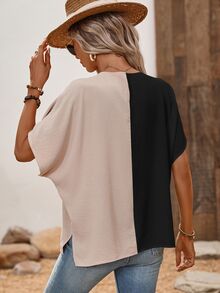 EMERY ROSE Fashionable Women Colorblock Short Sleeve Zipper V-Neck Shirt,Short Sleeve Tops - Khaki - View 2
