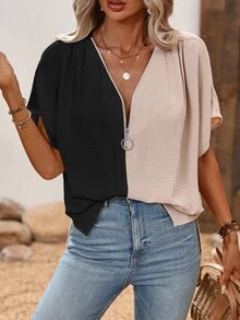 EMERY ROSE Fashionable Women Colorblock Short Sleeve Zipper V-Neck Shirt,Short Sleeve Tops - Khaki - View 8