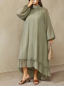 SHEIN CURVE+ Plus Size Women Solid Color Pleated Casual Party Dress Fall - Army Green - View 7
