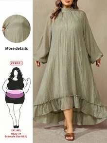 SHEIN CURVE+ Plus Size Women Solid Color Pleated Casual Party Dress Fall - Army Green - View 1