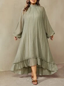 SHEIN CURVE+ Plus Size Women Solid Color Pleated Casual Party Dress Fall - Army Green - View 3
