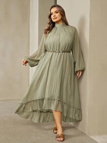 SHEIN CURVE+ Plus Size Women Solid Color Pleated Casual Party Dress Fall - Army Green - View 5
