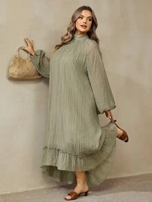 SHEIN CURVE+ Plus Size Women Solid Color Pleated Casual Party Dress Fall - Army Green - View 6