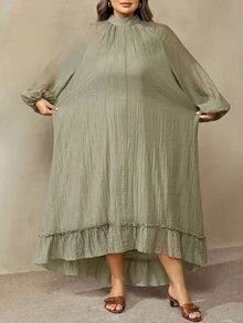SHEIN CURVE+ Plus Size Women Solid Color Pleated Casual Party Dress Fall - Army Green - View 4