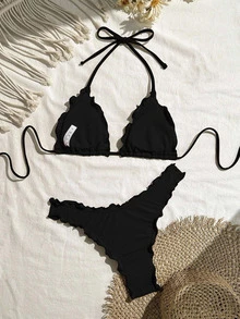 SHEIN Swim 女士纯色性感高弹力荷叶边比基尼套装，适合夏季度假 - 黑色 - 查看 2