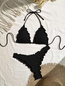 SHEIN Swim 女士纯色性感高弹力荷叶边比基尼套装，适合夏季度假 - 黑色 - 查看 1