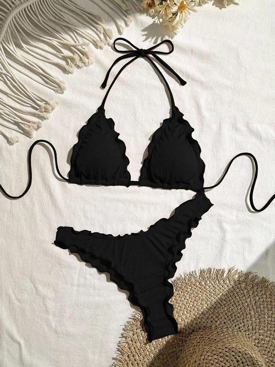 SHEIN Swim 女士纯色性感高弹力荷叶边比基尼套装,适合夏季度假 - 黑色 - 查看 1