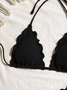 SHEIN Swim 女士纯色性感高弹力荷叶边比基尼套装，适合夏季度假 - 黑色 - 查看 3