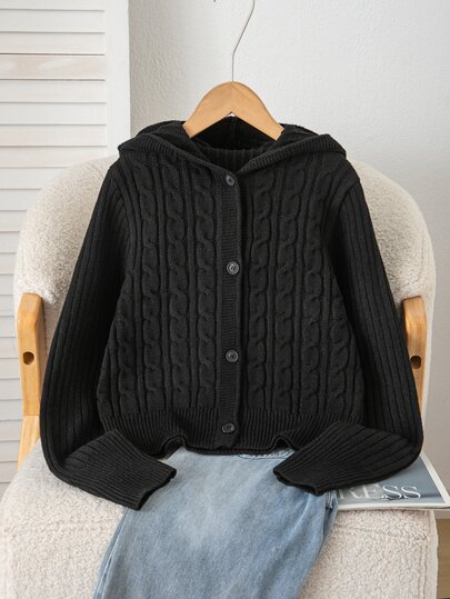 SHEIN Big Girls' Hooded Cable Knit Cardigan, Autumn Short Single-Breasted Cable Knit Sweater Jacket, Black Long Sleeve Loose Fit Children's Autumn/Winter Outerwear Knit Top