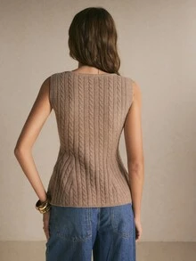 Poéselle 女款灰褐色麻花編織針織背心－無袖圓領修身荷葉邊上衣，喇叭下擺，秋冬休閒上衣，棕色針織背心荷葉邊上衣 - 黃色 - 查看 4