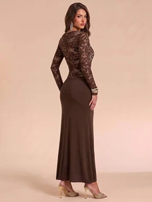 Bluhae Women's Lace Patchwork Pleated Elegant Long Sleeve Dress - Coffee - View 2