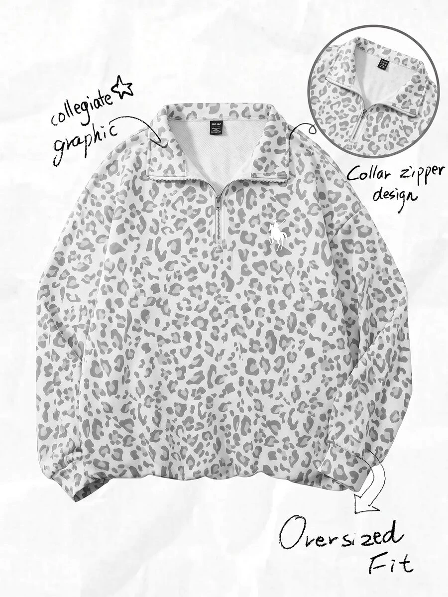 SHEIN CURVE+ 花卉圖案寬鬆灰色半拉鍊大尺碼 22W 女款 2026 秋冬萬聖節服裝 - 彩色 - 查看 1