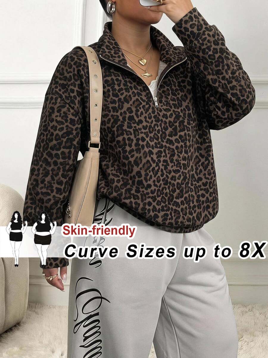 SHEIN CURVE+ Floral Pattern Wide Grey Loose Half-Zip Autumn Winter 2026 Plus Size 22W Women's Halloween Costume - Multicolor - View 1