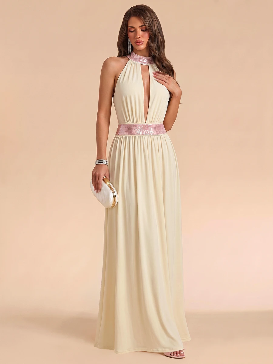 Bluhae Gaun Pesta Malam Panjang Warna Krem Kuning dengan Hiasan Manik-Manik dan Patchwork, Model Halter Neck yang Modis - Butter Yellow - View 1