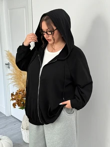 SHEIN CURVE+ 大尺碼拉鍊式插肩袖抽繩連帽衛衣，秋季上衣，秋季女裝 - 黑色 - 查看 7