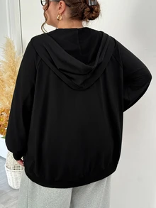 SHEIN CURVE+ 大尺碼拉鍊式插肩袖抽繩連帽衛衣，秋季上衣，秋季女裝 - 黑色 - 查看 2