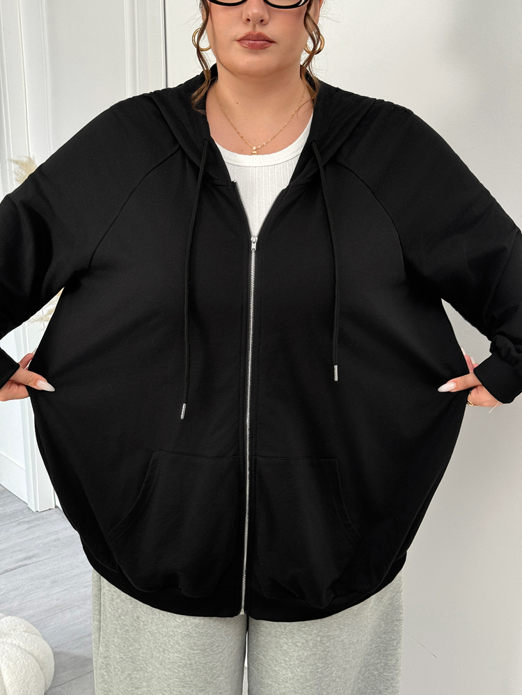 SHEIN CURVE+ Plus Size Zip Up Raglan Sleeve Drawstring Hoodie,Fall Tops,Fall Women Clothes - Black - View 3