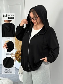 SHEIN CURVE+ 大尺碼拉鍊式插肩袖抽繩連帽衛衣，秋季上衣，秋季女裝 - 黑色 - 查看 8