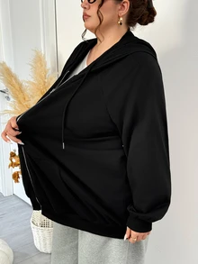 SHEIN CURVE+ 大尺碼拉鍊式插肩袖抽繩連帽衛衣，秋季上衣，秋季女裝 - 黑色 - 查看 4