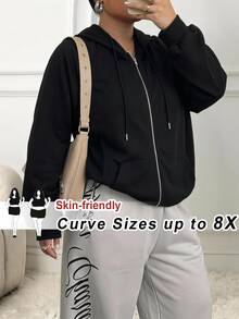 SHEIN CURVE+ 大尺碼拉鍊式插肩袖抽繩連帽衛衣，秋季上衣，秋季女裝 - 黑色 - 查看 1