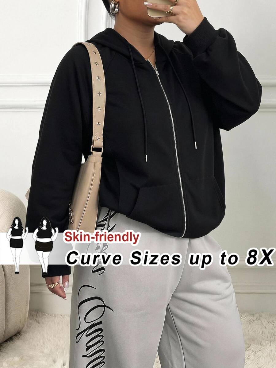 SHEIN CURVE+ 大尺碼拉鍊式插肩袖抽繩連帽衛衣,秋季上衣,秋季女裝 - 黑色 - 查看 1