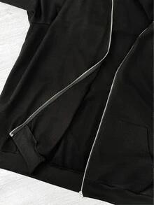 SHEIN CURVE+ 大尺碼拉鍊式插肩袖抽繩連帽衛衣，秋季上衣，秋季女裝 - 黑色 - 查看 9