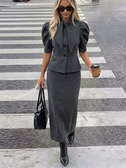 Aloruh Women's Summer/ New Gray Elegant Minimalist Casual Chic Urban Modern Romantic Date Office Business Daily Commute Short Sleeve Wool Blazer Skirt Set