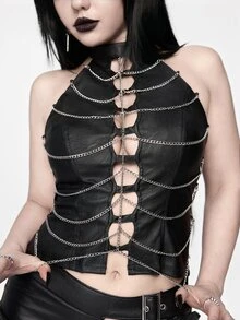 ROMWE Gothic Punk Halloween Skeleton Chain Fitted Cropped Tank Top - Black - View 3