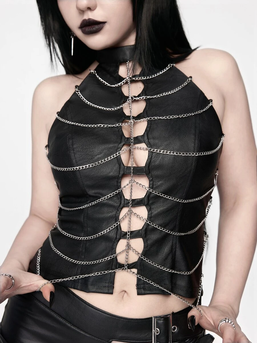 ROMWE Gothic Punk Halloween Skeleton Chain Fitted Cropped Tank Top - Black - View 1