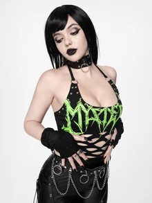 ROMWE Goth Punk Metal Rivet Floral Asymmetrical Print Burned Cut-Out Design Halter Neck Fitted Tank Top - Black - View 4