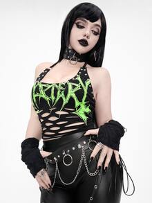 ROMWE Goth Punk Metal Rivet Floral Asymmetrical Print Burned Cut-Out Design Halter Neck Fitted Tank Top - Black - View 6