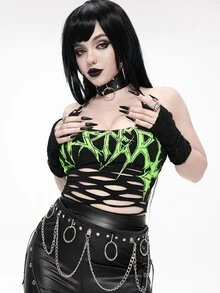 ROMWE Goth Punk Metal Rivet Floral Asymmetrical Print Burned Cut-Out Design Halter Neck Fitted Tank Top - Black - View 1