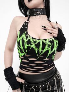 ROMWE Goth Punk Metal Rivet Floral Asymmetrical Print Burned Cut-Out Design Halter Neck Fitted Tank Top - Black - View 8